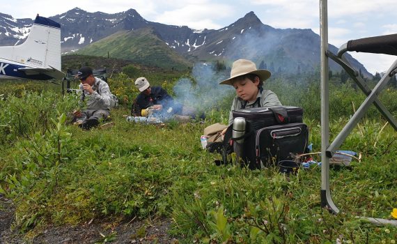 Lunch al fresco by Lake Stalk with guide Cam, Pilot,Guide,Chef Tim and a thoughtful Jack